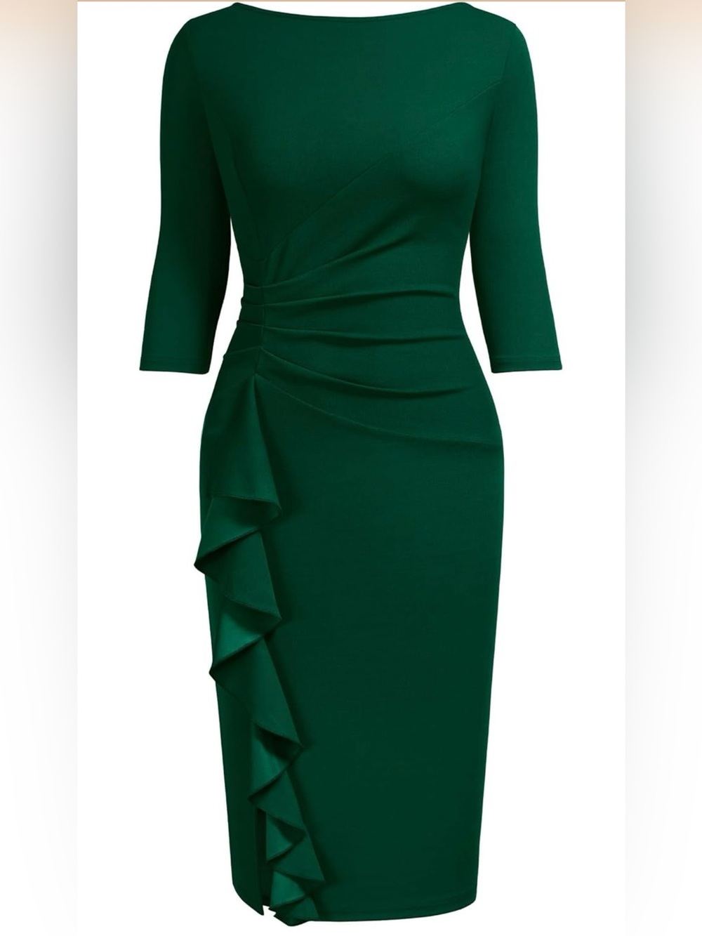 AISIZE Dark Green Ruched Sheath Dress Asymmetric Ruffle 3/4 Sleeve Small NWT - Picture 3 of 16